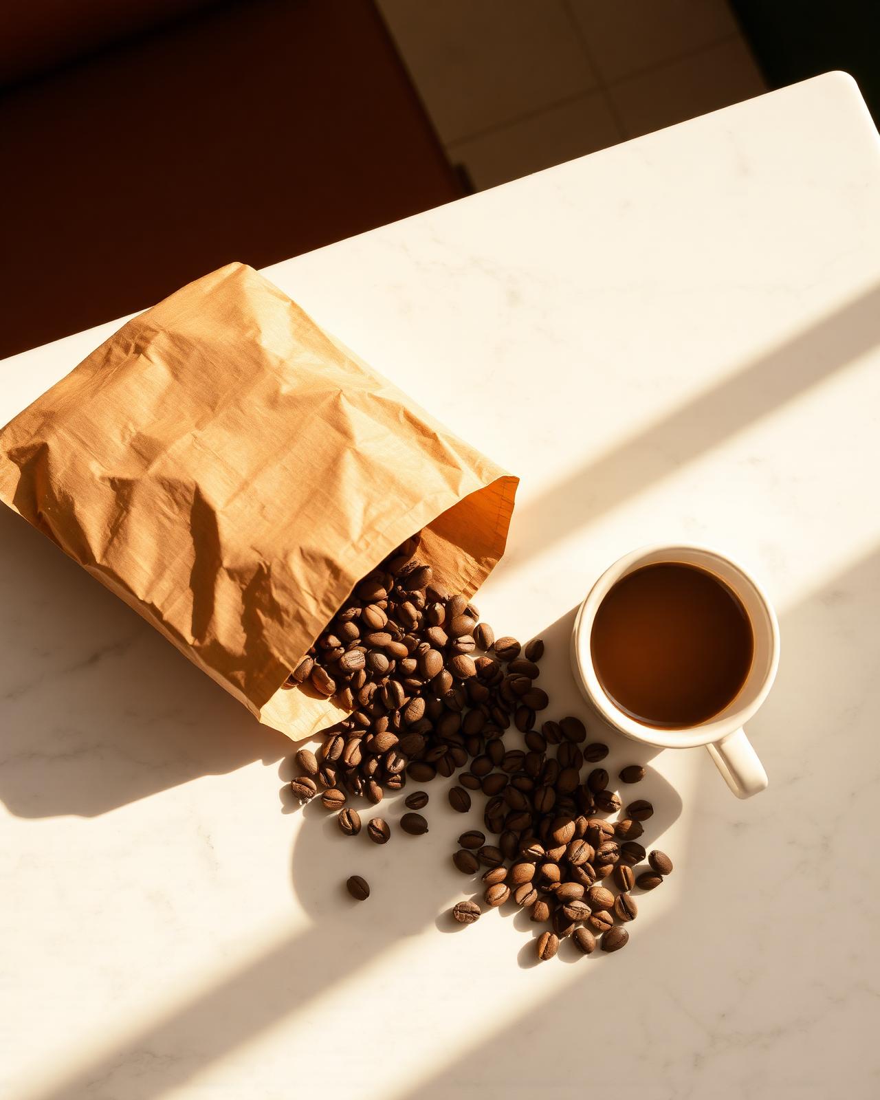 A paper bag of whole coffee beans spilling onto a marble table beside an espresso cup